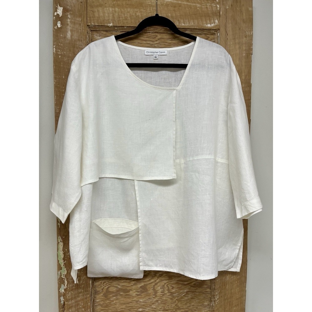 Christopher Calvin XL White Linen Tunic Blouse Boho Layered Artsy Minimalist Y2K